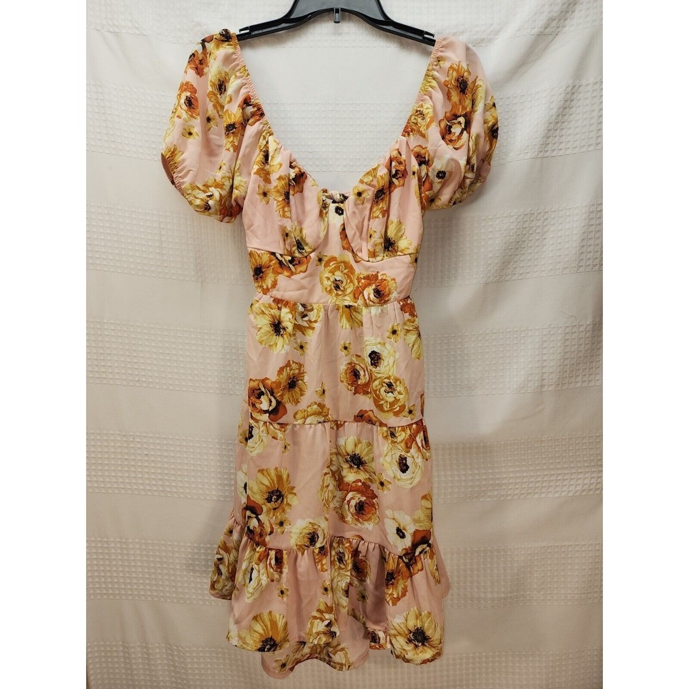 Almost Famous Junior Mini Dress Pink Floral Backless Peplum Square Neck L 3480